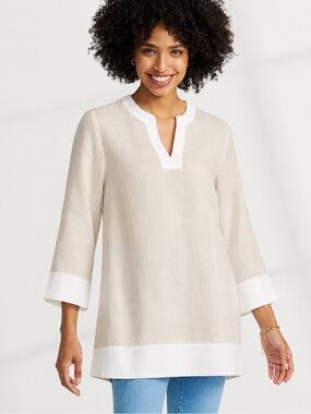Lands' End Tan Linen Split Neck Tunic Top, Small (6/8)